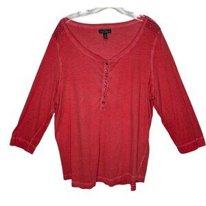 LRL Lauren Jeans Co. Womens Henley Top Red Mineral Wash Lace Shoulder Size 2X